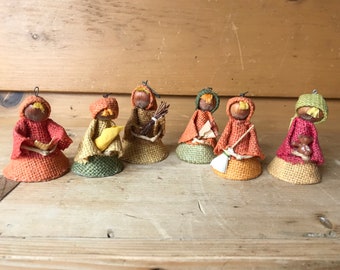 Vintage Burlap Ornaments 6 Mid-Century Mod Burlap Christmas Ornaments Burlap Women Hazelnut Faces Adorable