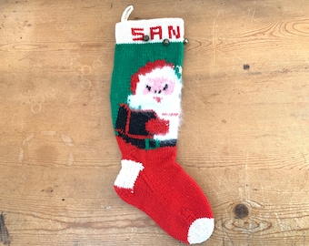 Vintage Knit Stocking Kitsch Santa “Sandy” Stocking with Jingle Bells 1950s Excellent