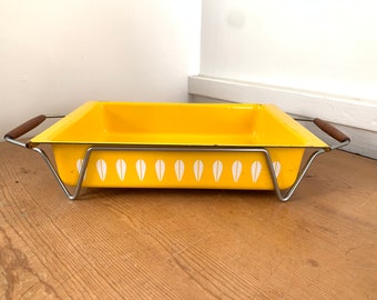 Cathrineholm Lotus Casserole Dish and Stand In Vintage Yellow Lotus Enamelware Grete Kittelsen Norway 1960s