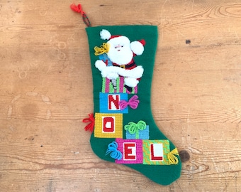 Needlepoint Christmas Stocking Vintage Handmade Santa Claus Stocking “Noel”