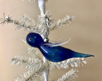 Figural Glass Bird Vintage Hand Blown Glass Blue Bird Ornament Hand Blown Art Glass Blue Bird