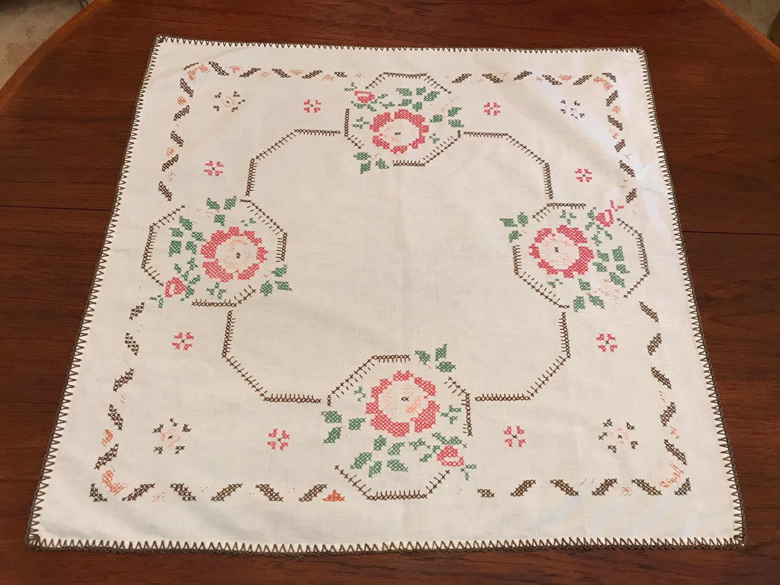 Vintage European Cross Stitched Table Topper 26 By 28 Etsy