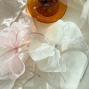 Pink Ribbon Headband, Big Ribbon Headband, Blush Pink Headband, Pink Organza Headband, Cream Headband, Girls headband