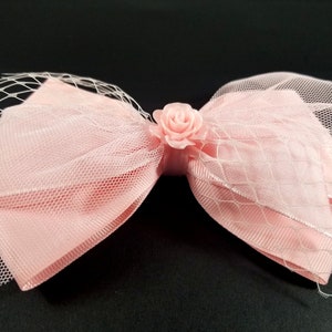 5.5&quot;, Tulle Hair Bow, Tulle Bow, Tulle Lace Hair Bow, Blush Pink Hair Bow, Tulle Bow, Pink Tulle Bow, Pink Ribbon Bow, Rose Charm Bow