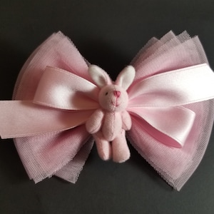 5.5&quot;, Tulle Ribbon Bow, Pink Hair Clip, Bunny Hair Clip, Rabbit Hair Clip, Tulle Bow,  Tulle Bunny Clip, Pink Bunny Bow, Hair Accessories