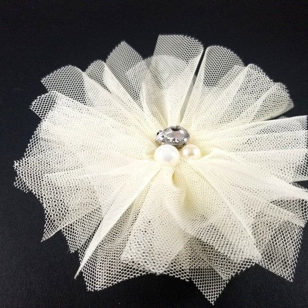 4.5", Tulle Hair Clip, Tulle Bow, Ivory Hair Clip, Ivory Tulle Bow, Pearl Tulle Bow, Rhinestone Tulle Bow, Flower Tulle Bow