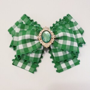 4.5&quot;, Green Gingham Bow, Green Check Ribbon Bow, Green Ribbon Bow, Green Rhinestone Bow, Gingham Bow, Bow for Girl