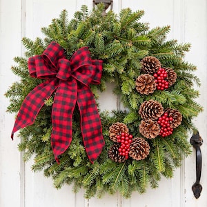 Buffalo Plaid Fresh Christmas Wreath Handmade with Fresh Balsam Fir, Made in Maine (22")