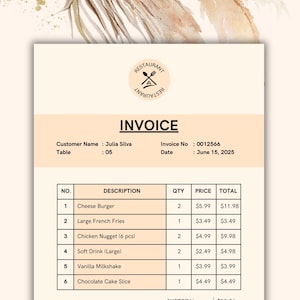 Minimalist Restaurant Invoice Template, Invoice Template, Small Business Invoice Template, Editable Invoice Template, Canva Invoice Template