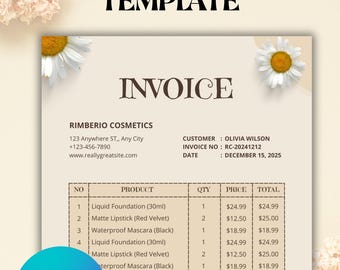 Editable Business Invoice Template: Skincare, Cosmetics (Canva)
