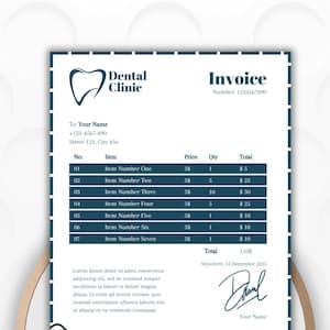 Può includere: Una fattura di una clinica dentistica con un design blu e bianco. La fattura include il logo della clinica, le informazioni di contatto e un elenco dettagliato di articoli con prezzi e quantità. L'importo totale dovuto è di $110.