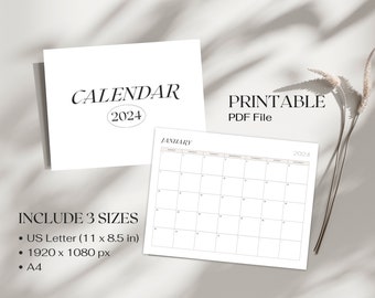 Clean Minimalist 2024 Monthly Planner Printable Calendar, 2024 Wall Calendar, 2024 Minimal Planner, Wall Calendar 2024, Monthly Calendar