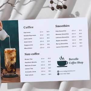 Modelo de menu de comida de cafeteria elegante, simples e minimalista, modelo de menu de comida, modelo de menu de cafeteria, modelo de menu de comida fácil de editar