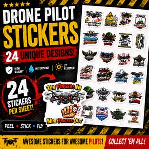 Peut inclure: Une planche d'autocollants de pilote de drone avec 24 designs uniques. Les autocollants sont de haute qualité, imperméables et résistants aux UV. La planche comprend des autocollants avec du texte comme "Drone Pilot Stickers".