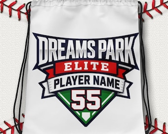 Mochila de béisbol personalizada Dreams Park Elite con cordón, nombre y número del jugador de Cooperstown, regalo del torneo