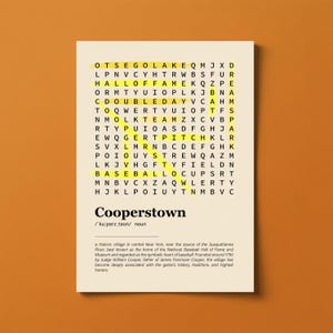 以下が含まれることがあります： ベージュ色のプリントで、"Cooperstown" や "Baseball Cups" などの単語がハイライトされた野球をテーマにした単語検索です。 "Cooperstown" という単語がパズルの下に大きく表示され、簡単な定義も添えられています。