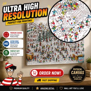 May include: A canvas print of a busy ski slope scene, featuring numerous skiers in colorful outfits. The artwork is a detailed illustration with the text "WHERE'S WALDO?" and "ULTRA HIGH RESOLUTION". The canvas is gallery wrapped and ready to hang.
