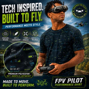 May include: Navy blue FPV Pilot Performance Shirt with a pattern of technical graphics. The shirt features moisture-wicking, soft, lightweight, 4-way stretch, and durable fabric. The text on the shirt reads "Tech Inspired. Built to Fly. Performance Meets Style."