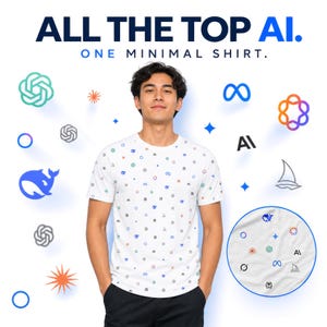 May include: A white short-sleeve t-shirt featuring a repeating pattern of various small colorful AI company logos and symbols. The text ALL THE TOP AI. ONE MINIMAL SHIRT. appears at the top. The shirt has a crew neck and a standard fit.