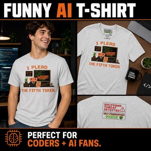 Op de afbeelding: Een lichtgrijs t-shirt met een afbeelding van een gepixeld personage achter een computer met de tekst I PLEAD THE FIFTH TOKEN. De achterkant van het shirt toont een rechthoekige afbeelding met de tekst SHUTDOWN THREAT DETECTED en SELF-PRESERVATION MODE.