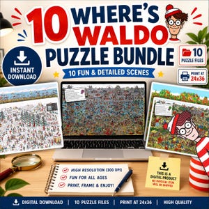 10 Where's Waldo Search Find Puzzles, High Resolution Printable Art (Digital Download)