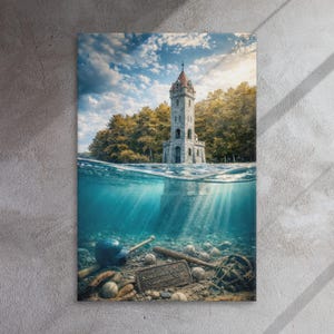 Kingfisher Tower Canvas, Otsego Lake Split-View Art, Cooperstown Baseball Landmark Decor