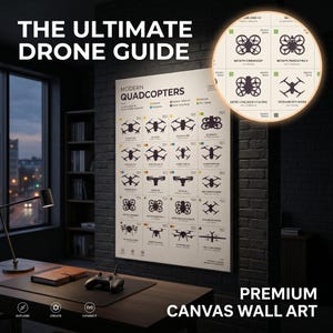 May include: A canvas wall art print titled "The Ultimate Drone Guide" featuring diagrams of various quadcopter models. The print includes the text "Modern Quadcopters" and "Premium Canvas Wall Art". A drone controller sits on a desk in the foreground.