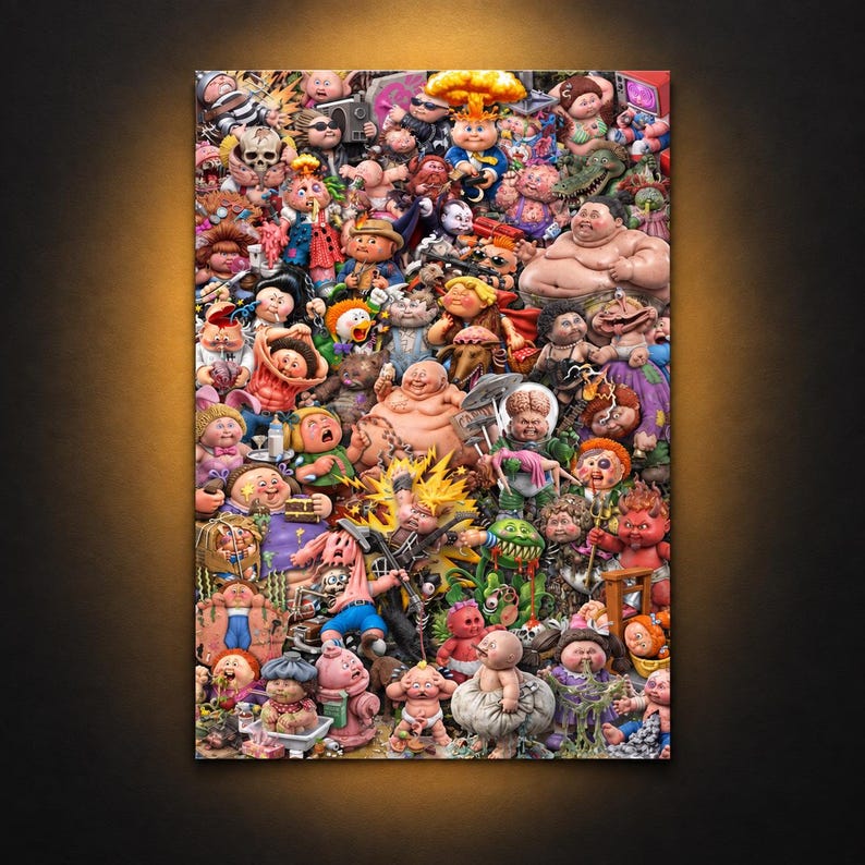 Garbage Pail Kids poster: a retro 80s GPK character collage with Adam Bomb and dozens of gross-out kids, from CooperstownCanvas on Etsy