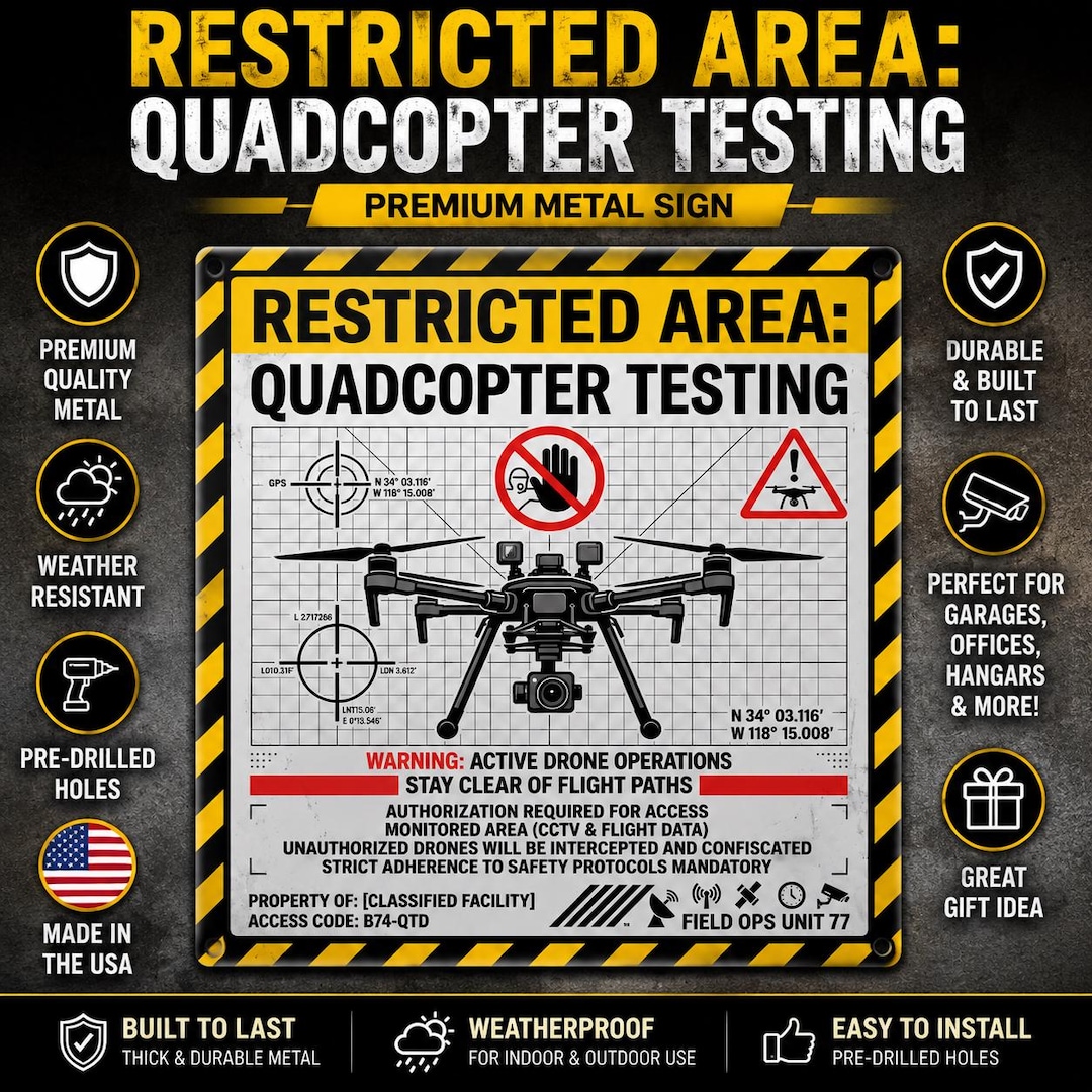 Drone Warning Sign Metal Print, Quadcopter Testing Area Wall Art, UAV ...