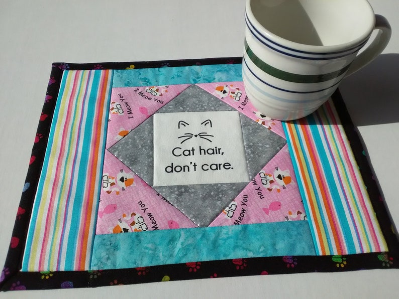 Cat Theme Mug Rug Large Mug Mat Cat Hair Don't Care I Etsy