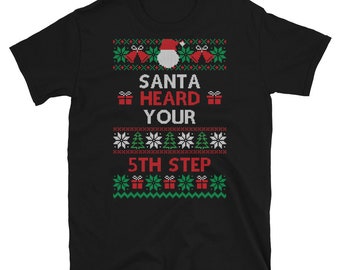 12 step Ugly Christmas style sweater Short-Sleeve Unisex T-Shirt | recovery gift, sobriety, alcoholics anonymous humor