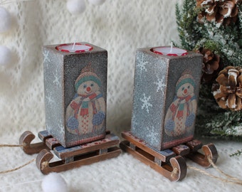 Christmas set Wooden candlestick Xmas candle holder Christmas lighting Tea light holder Wooden sleigh Xmas decor gift Candle stand Sled