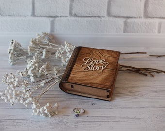Personalized brown wooden book box for wedding rings or for an engagement