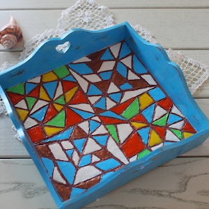 Serving tray Wooden tray Decorative tray Painted tray Blue tray with mosaic Varicolored tray Breakfast tray Rustic tray Christmas gift