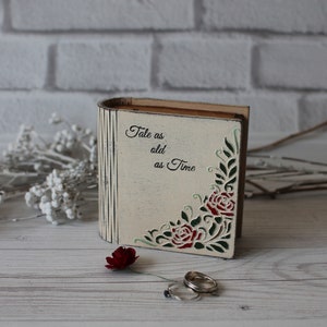 Personalized wedding ring box White wooden ring box with red roses Jewelry book box Engagement ring box