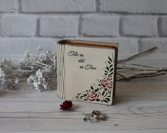 Personalized wedding ring box White wooden ring box with red roses Jewelry book box Engagement ring box