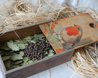 Rustic spice box Storage box with lid Wooden decoupage box Kitchen storage Spice storage Christmas gift Housewarming gift Recipe box Tea box