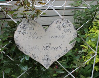 Here comes the bride Heart decor wedding chalkboard Wooden heart Wedding sign Rustic heart Hanging decoration Flower girl heart Photo prop