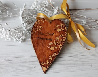 Personalized anniversary gift Wooden Valentines heart 1st Anniversary Rustic heart Hanging ornament