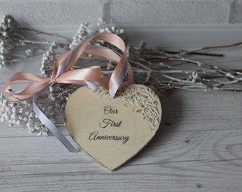 Our First Anniversary Personalized heart Romantic gift Wooden ornament Valentines gift