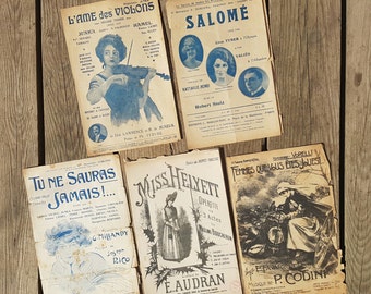 Lot 5 Sheet music "Miss Helyett" "You will never know" "Women you are pretty" "The soul of the violins" "Salomé" vintage