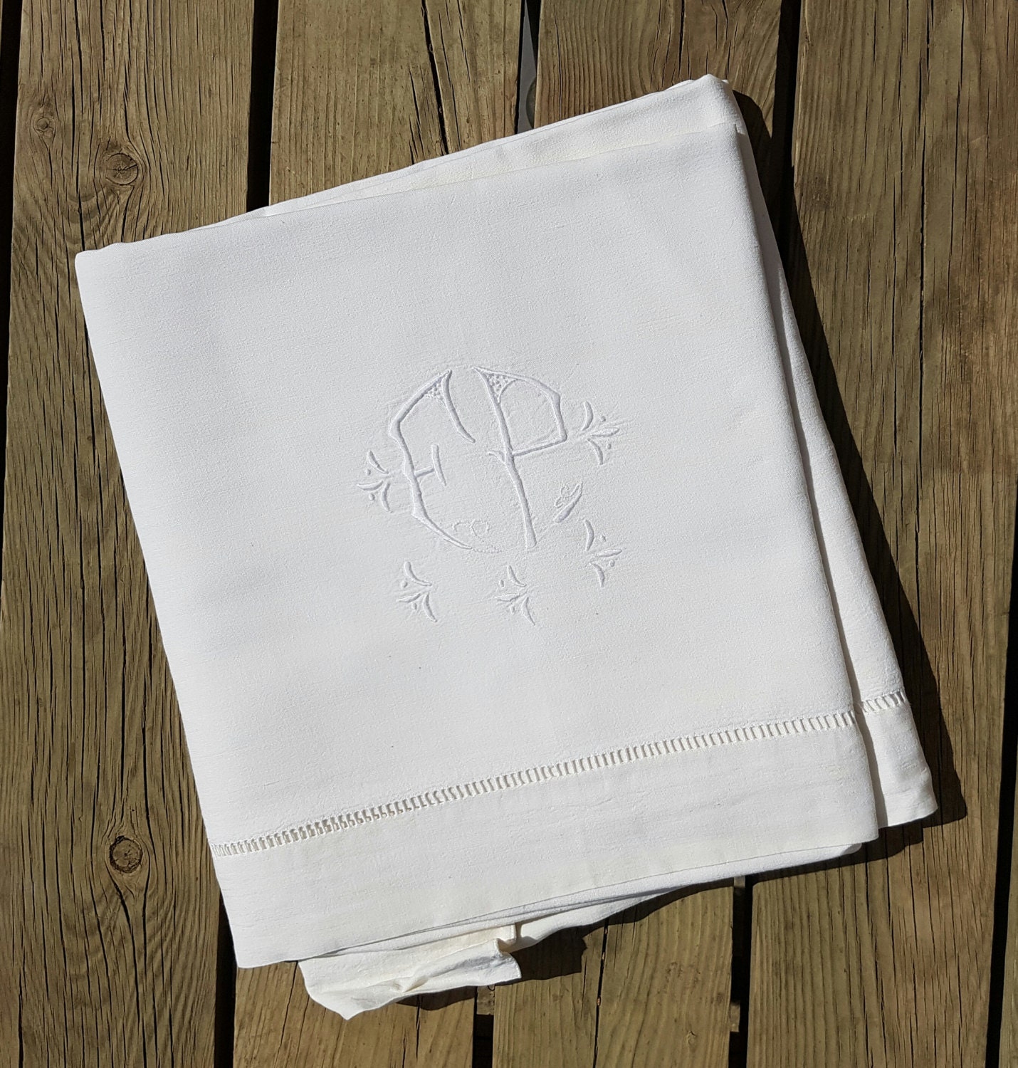 Grand Drap de Lin Blanc Monogramme Fp Vintage