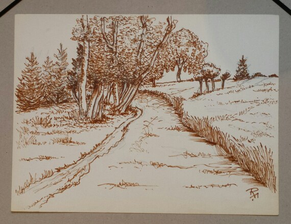 Dessin Au Feutre Paysage De Campagne De Robert Fertier Vintage