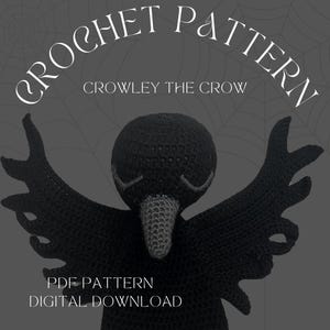 Op de afbeelding: Haakpatroon voor Crowley the Crow, een zwarte amigurumi-raaf met uitgespreide vleugels. Het patroon is een digitale PDF-download.