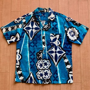 1960’s Tribal printed on unique woven Hawaiian shirt!