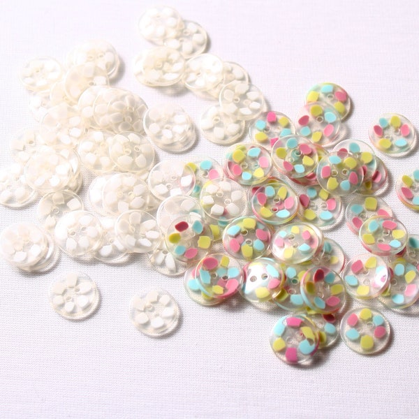 20 buttons picot, 12mm, 15mm, white, multi, polyester, 2 holes (6735)