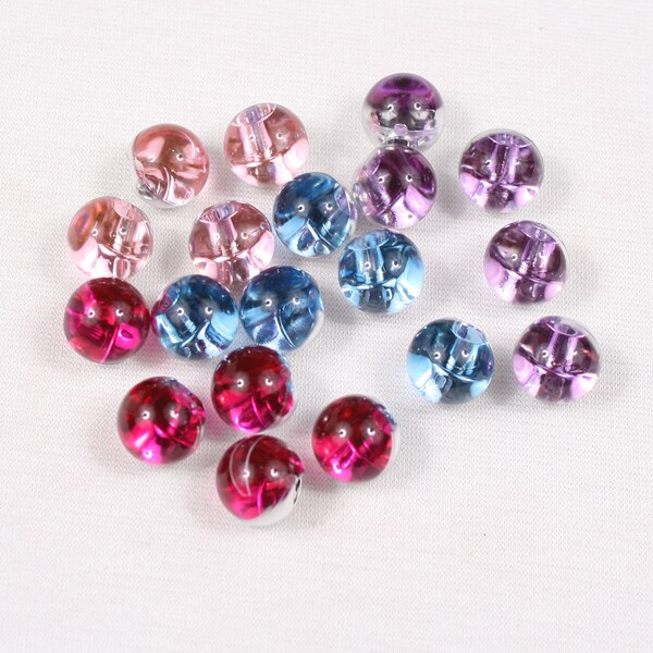 7 boutons boule ronde, 10mm, plastique, bleu pâle, fushia, mauve ou rose pâle, à tige (60644am)