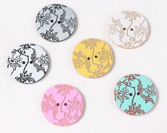 2 boutons gravé motif floral, gris, blanc, beige, jaune, rose ou turquoise, 45mm (60736-ST)