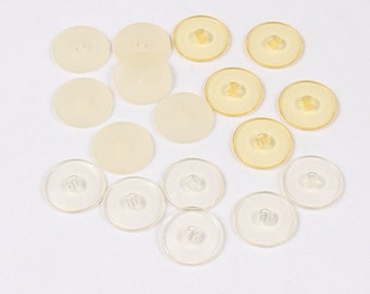 4 boutons, 2 trous, en polyester, 30mm, transparent, jaune ou givré (8113-ST)