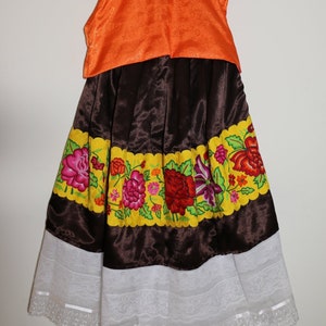 Mexican Tehuana skirt: tehuana skirt with hand-embroidered flowers on brown saten, collector's skirt, Made in Mexico, Tehuanas image 1